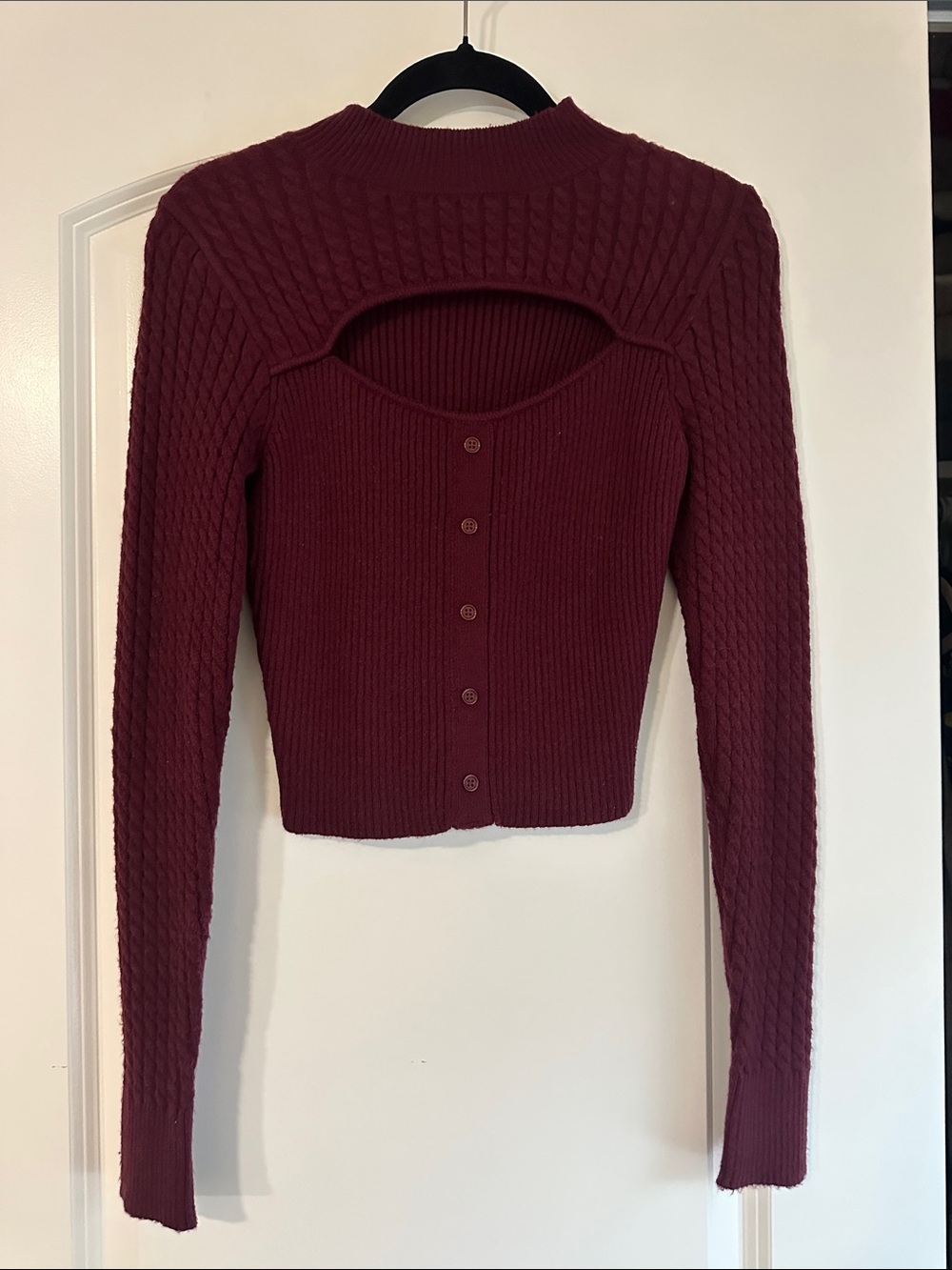 Design History Burgundy Ribbed Cutout Button-Back Cardigan